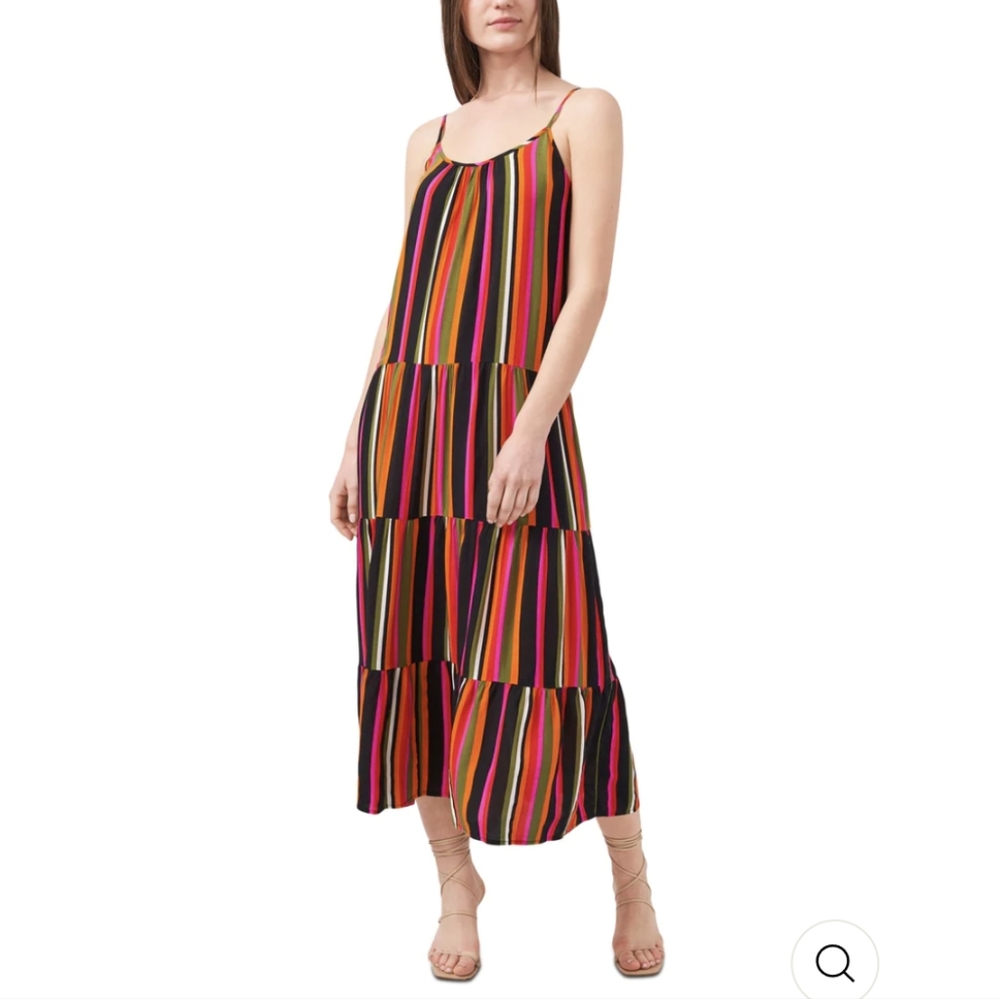 Riley & Rae Orange Striped Spaghetti Strap Scoop Neck Tea-Length Ruffled Dress
